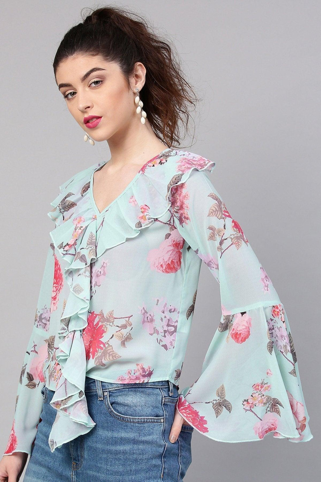 Women's Aqua Floral Ruffled V-Neck Blouse - SHAE - Indiakreations