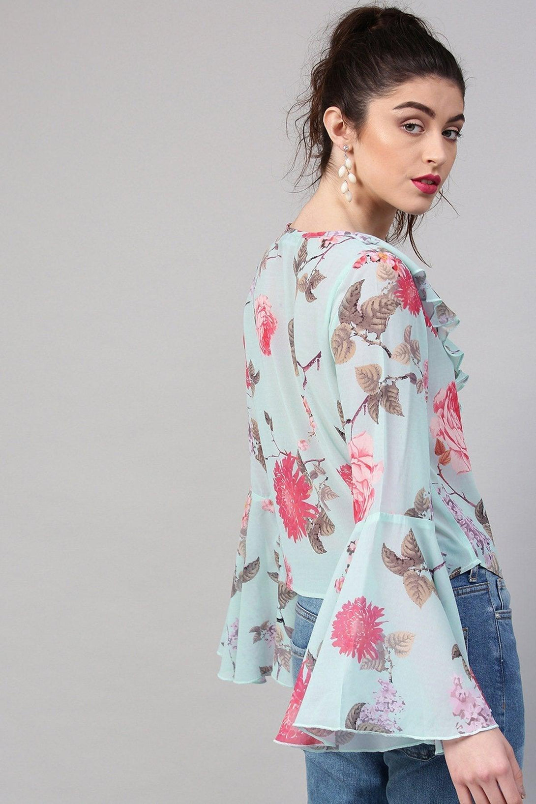 Women's Aqua Floral Ruffled V-Neck Blouse - SHAE - Indiakreations