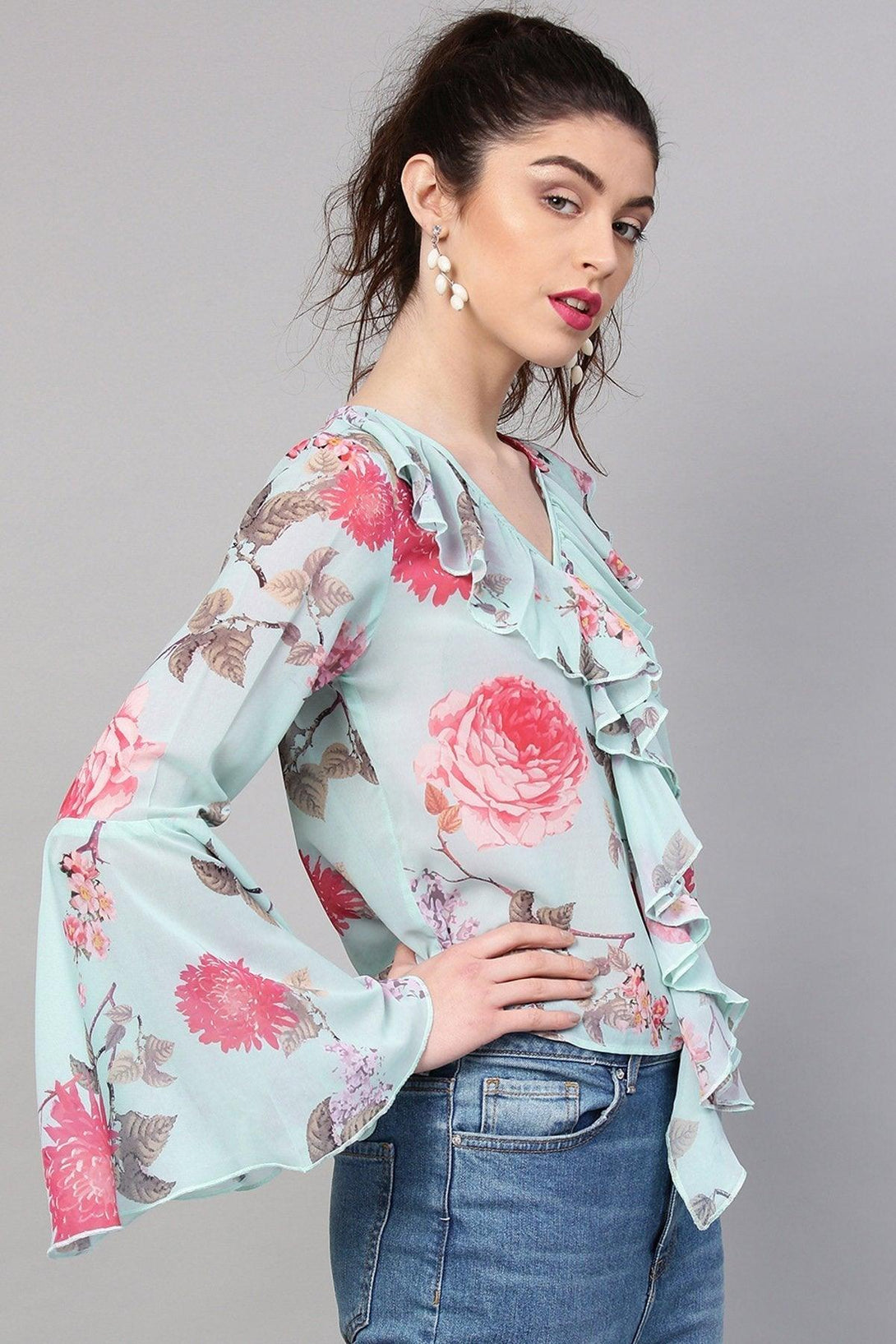 Women's Aqua Floral Ruffled V-Neck Blouse - SHAE - Indiakreations