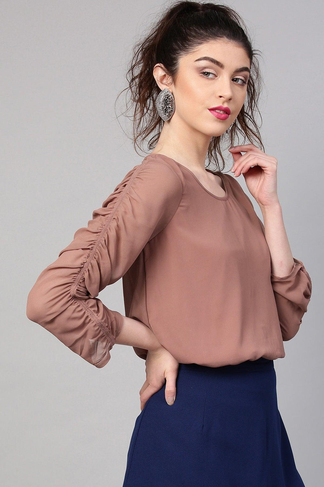 Women's Rosewood Ruched Sleeves Crop Top - SASSAFRAS - Indiakreations