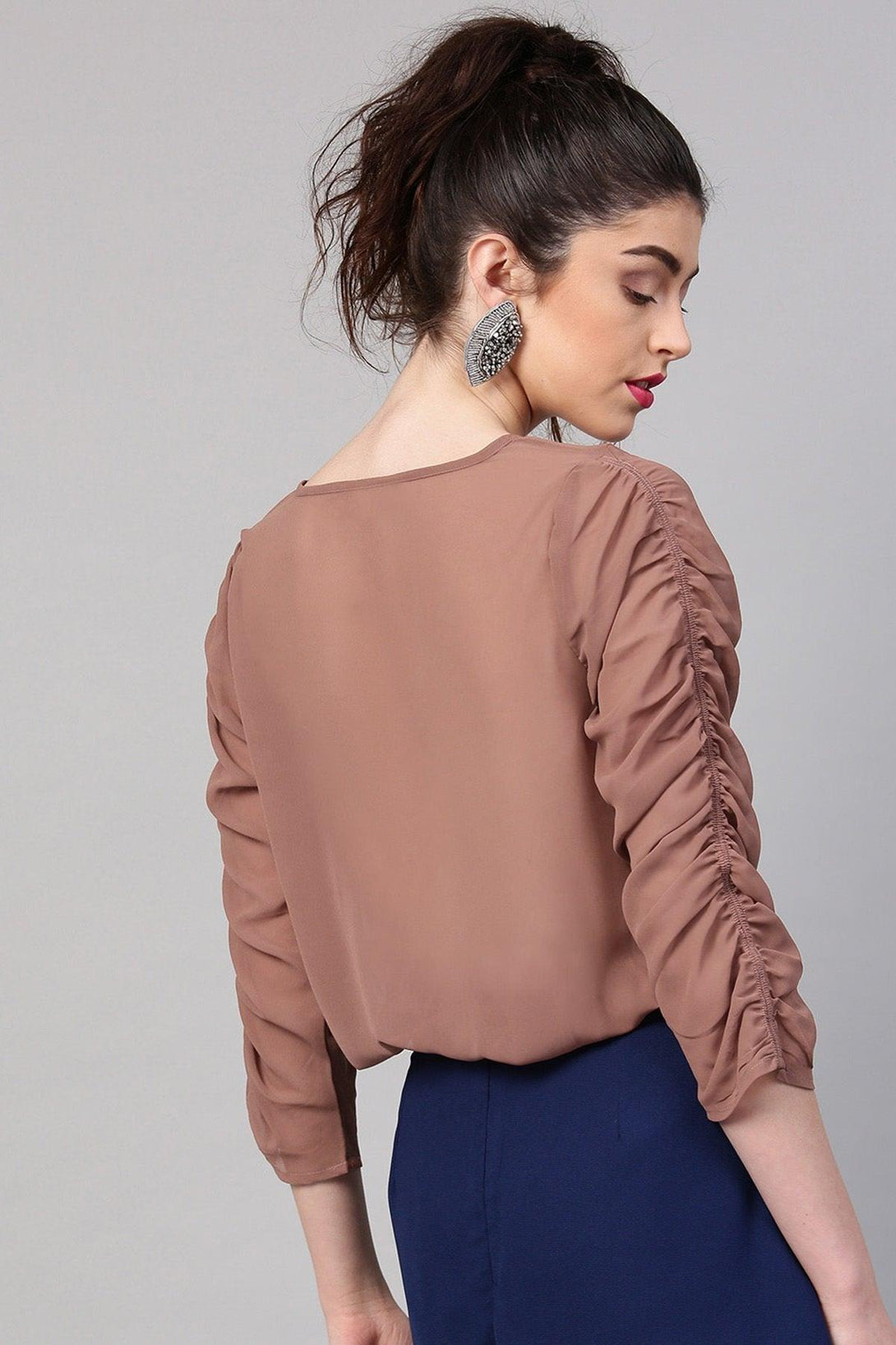 Women's Rosewood Ruched Sleeves Crop Top - SASSAFRAS - Indiakreations