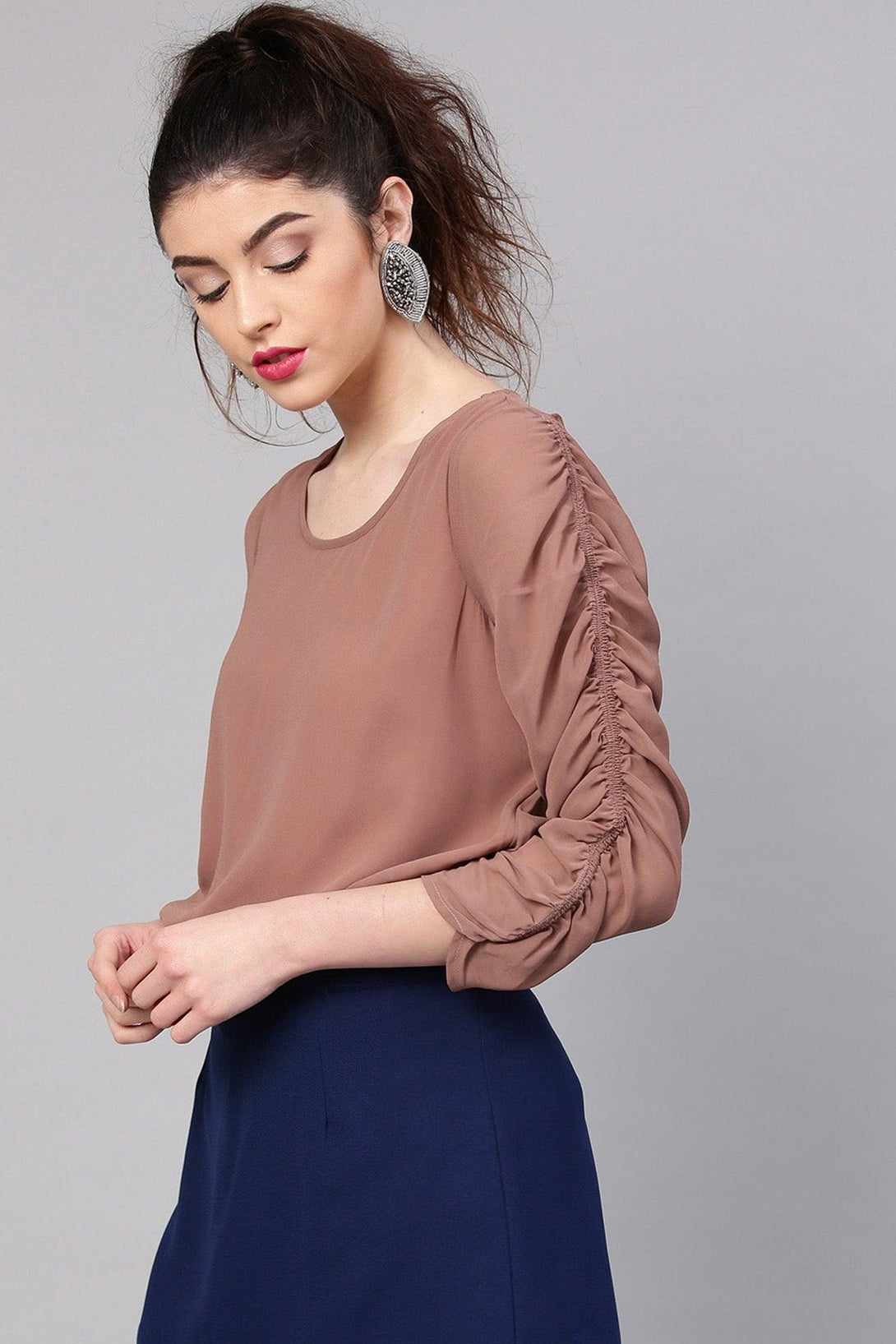 Women's Rosewood Ruched Sleeves Crop Top - SASSAFRAS - Indiakreations