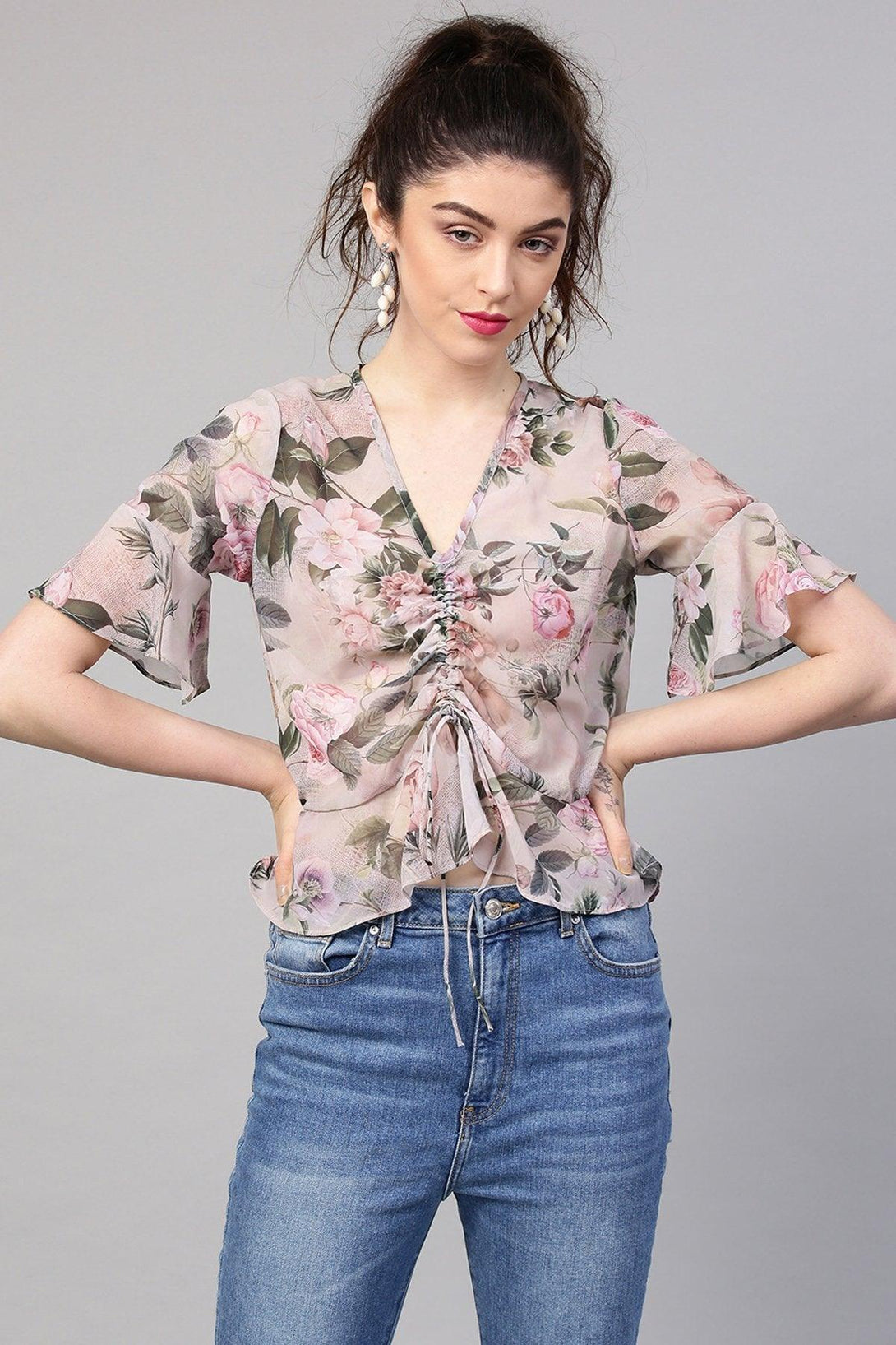 Women's Pista Green Floral Ruched Front Crop Top - SASSAFRAS - Indiakreations