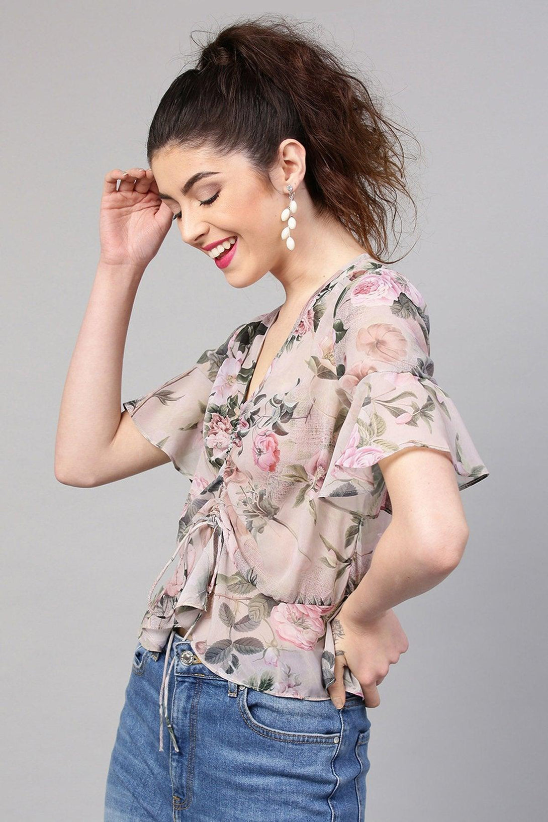 Women's Pista Green Floral Ruched Front Crop Top - SASSAFRAS - Indiakreations