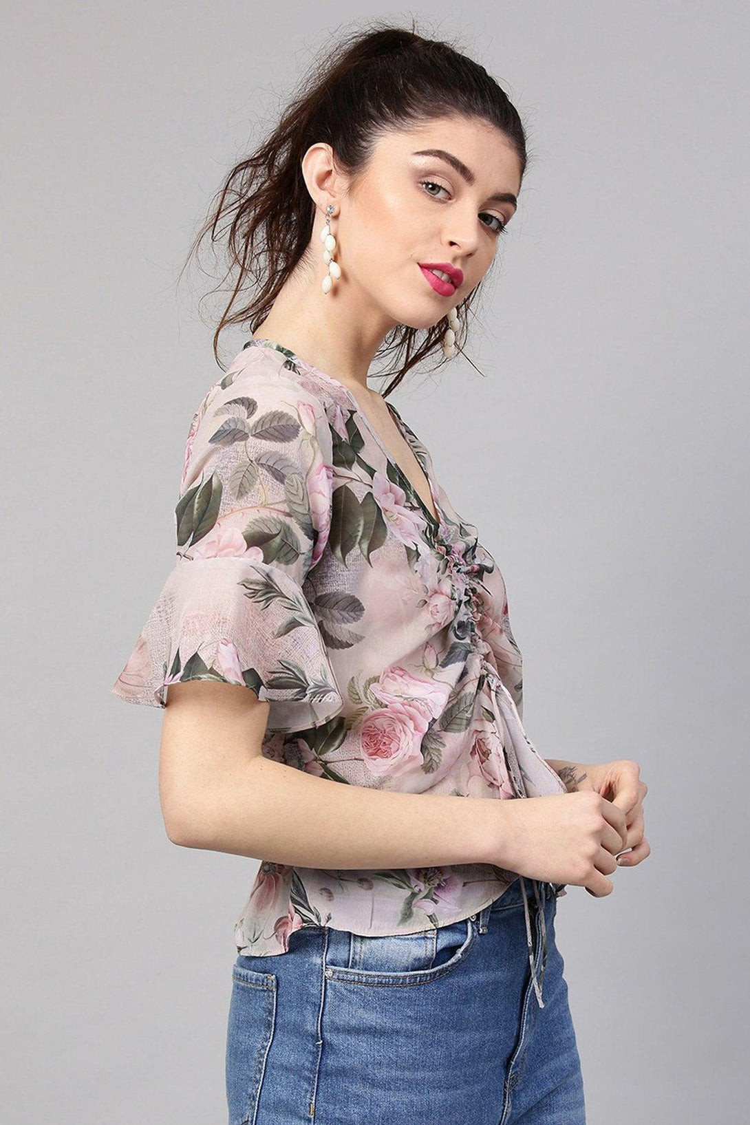 Women's Pista Green Floral Ruched Front Crop Top - SASSAFRAS - Indiakreations