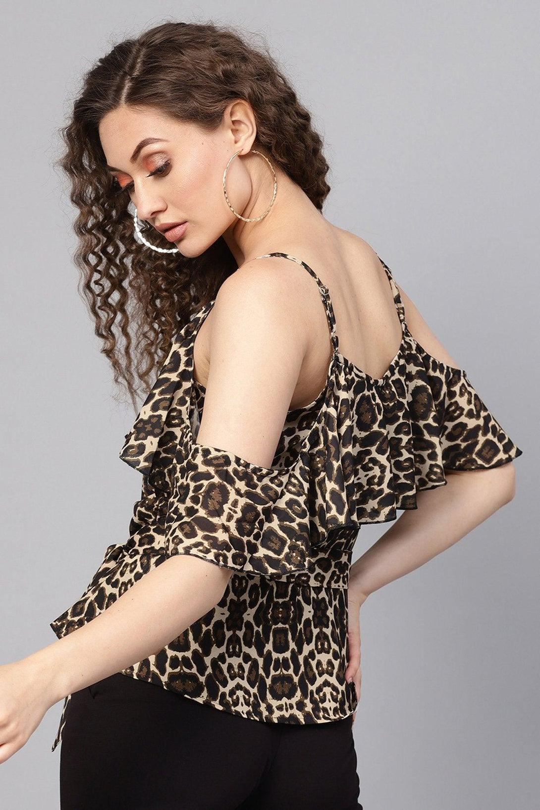 Women's Black Cheetah Strappy Cold Shoulder Top - SASSAFRAS - Indiakreations