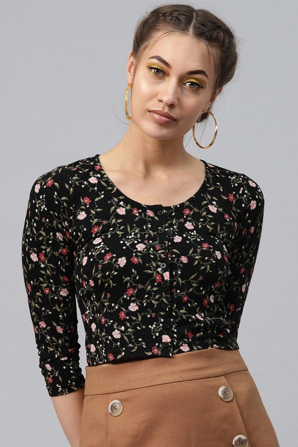 Women's Black Floral Front Button Crop Top - SASSAFRAS - Indiakreations