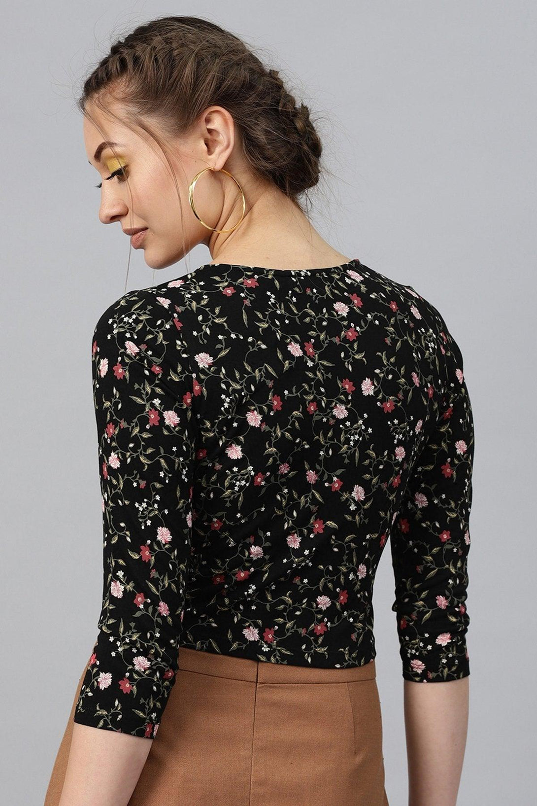 Women's Black Floral Front Button Crop Top - SASSAFRAS - Indiakreations