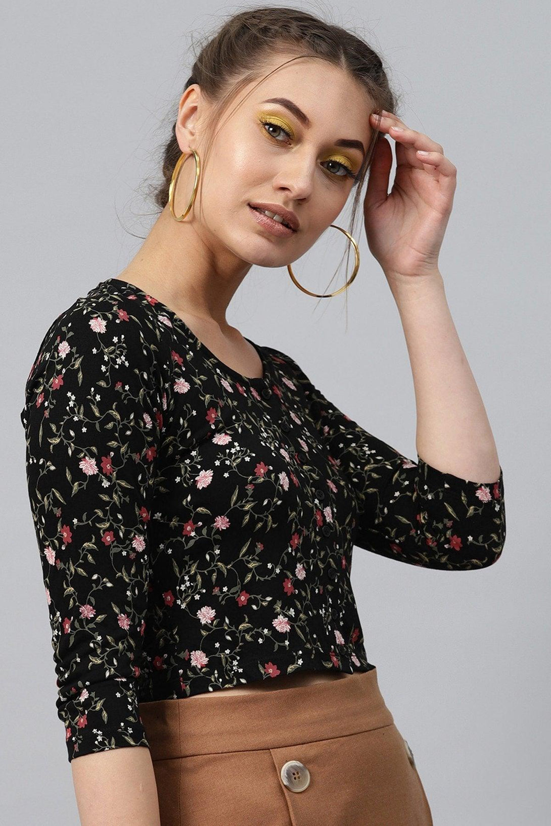 Women's Black Floral Front Button Crop Top - SASSAFRAS - Indiakreations