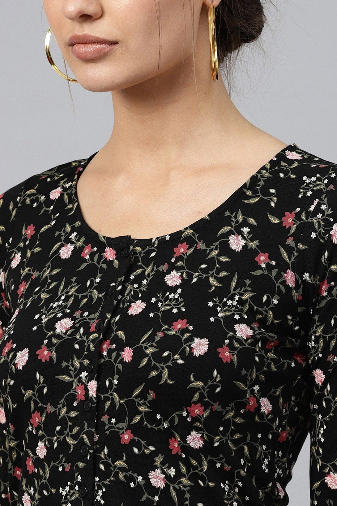 Women's Black Floral Front Button Crop Top - SASSAFRAS - Indiakreations