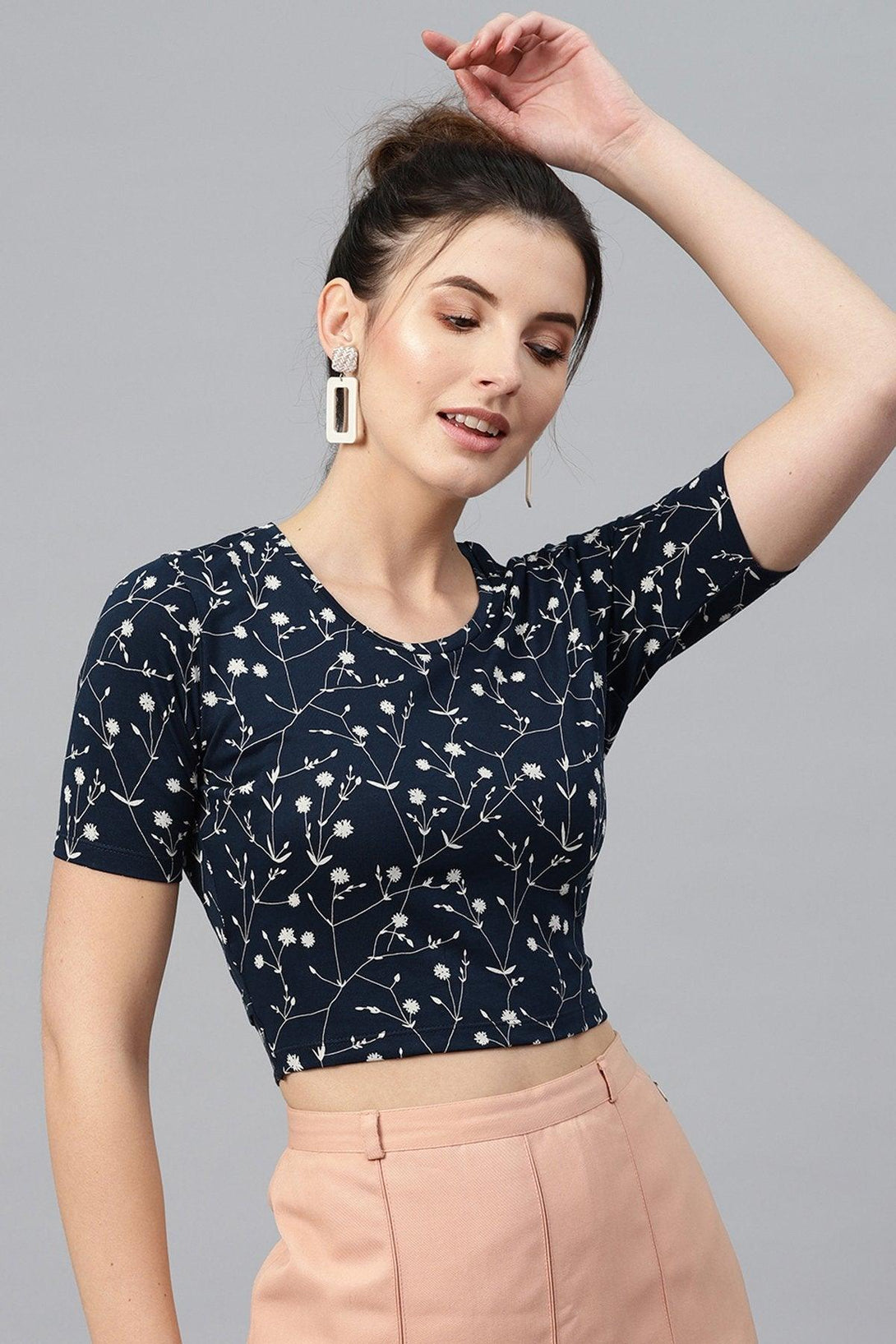 Women's Navy Floral Back Knot Crop Top - SASSAFRAS - Indiakreations