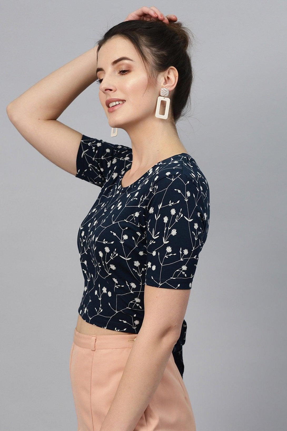 Women's Navy Floral Back Knot Crop Top - SASSAFRAS - Indiakreations