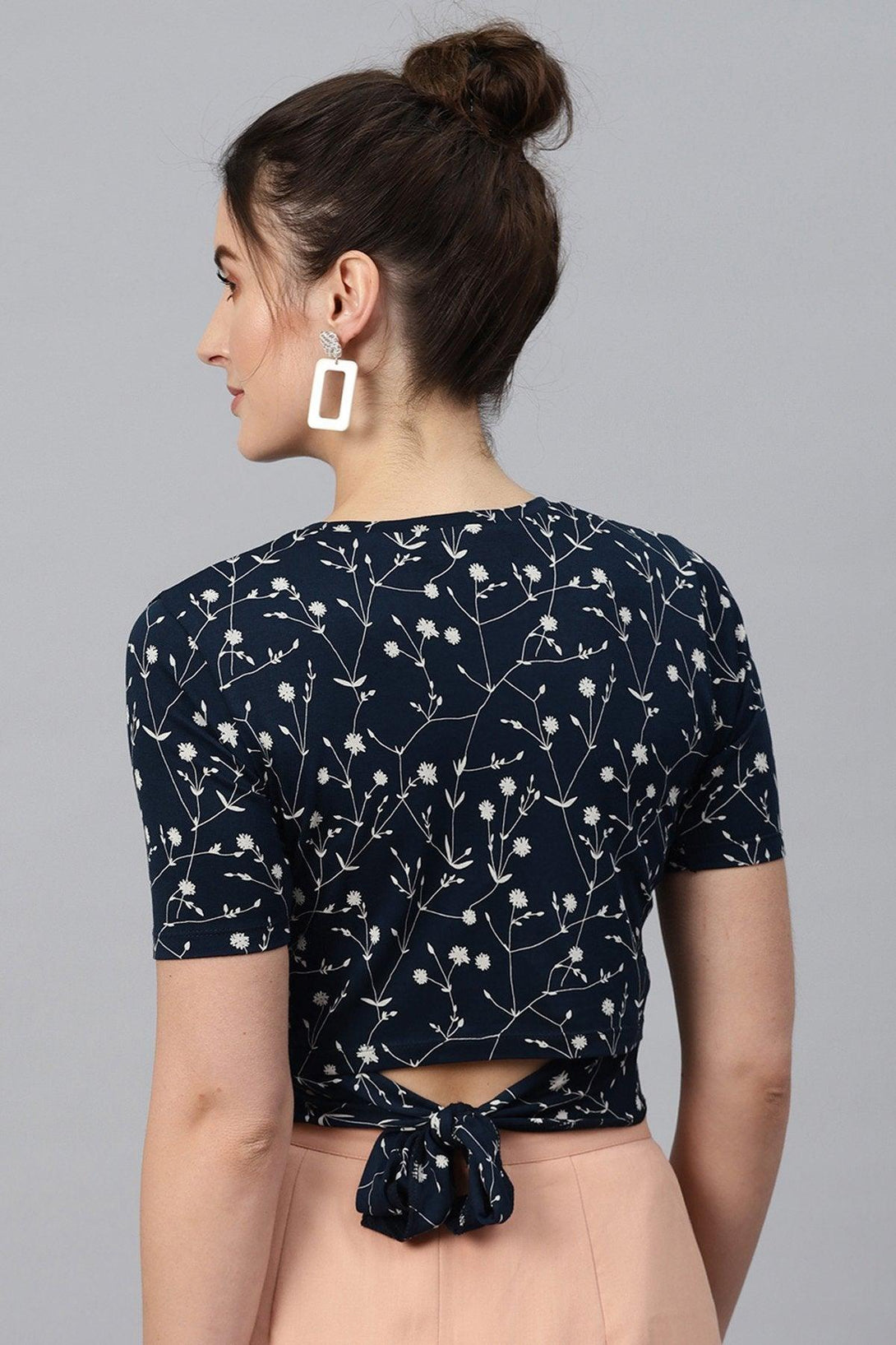 Women's Navy Floral Back Knot Crop Top - SASSAFRAS - Indiakreations