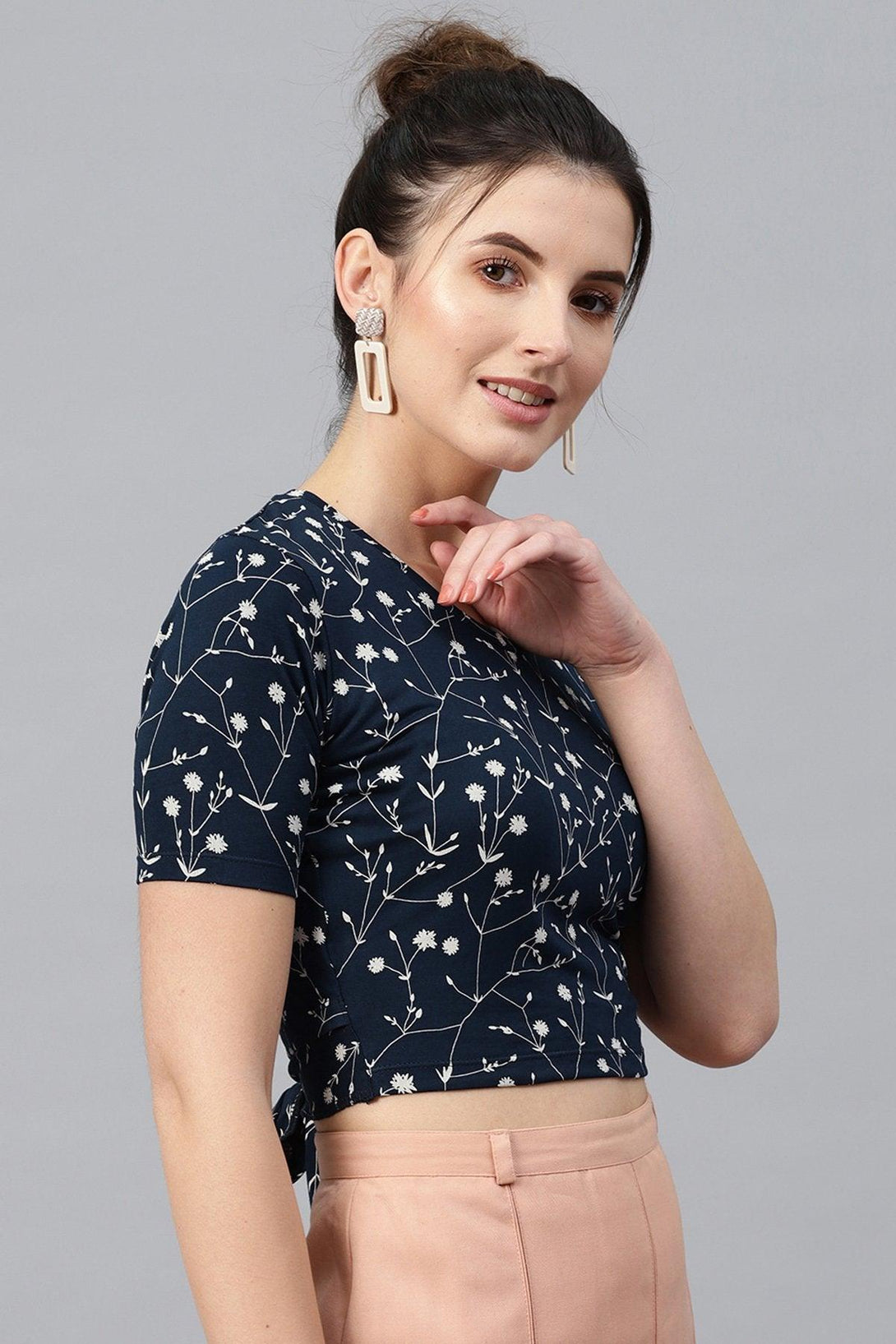 Women's Navy Floral Back Knot Crop Top - SASSAFRAS - Indiakreations