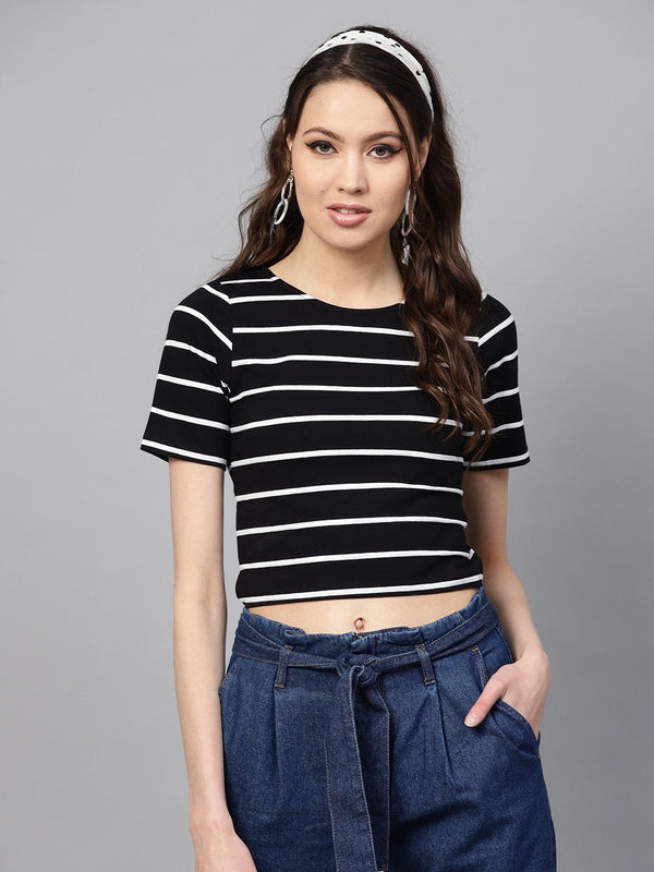 Women's Black White Stripe Crop Top - SASSAFRAS