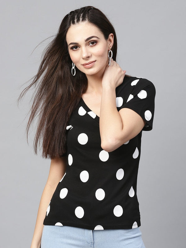 Women's Black & White Polka V-Neck Tee - SASSAFRAS