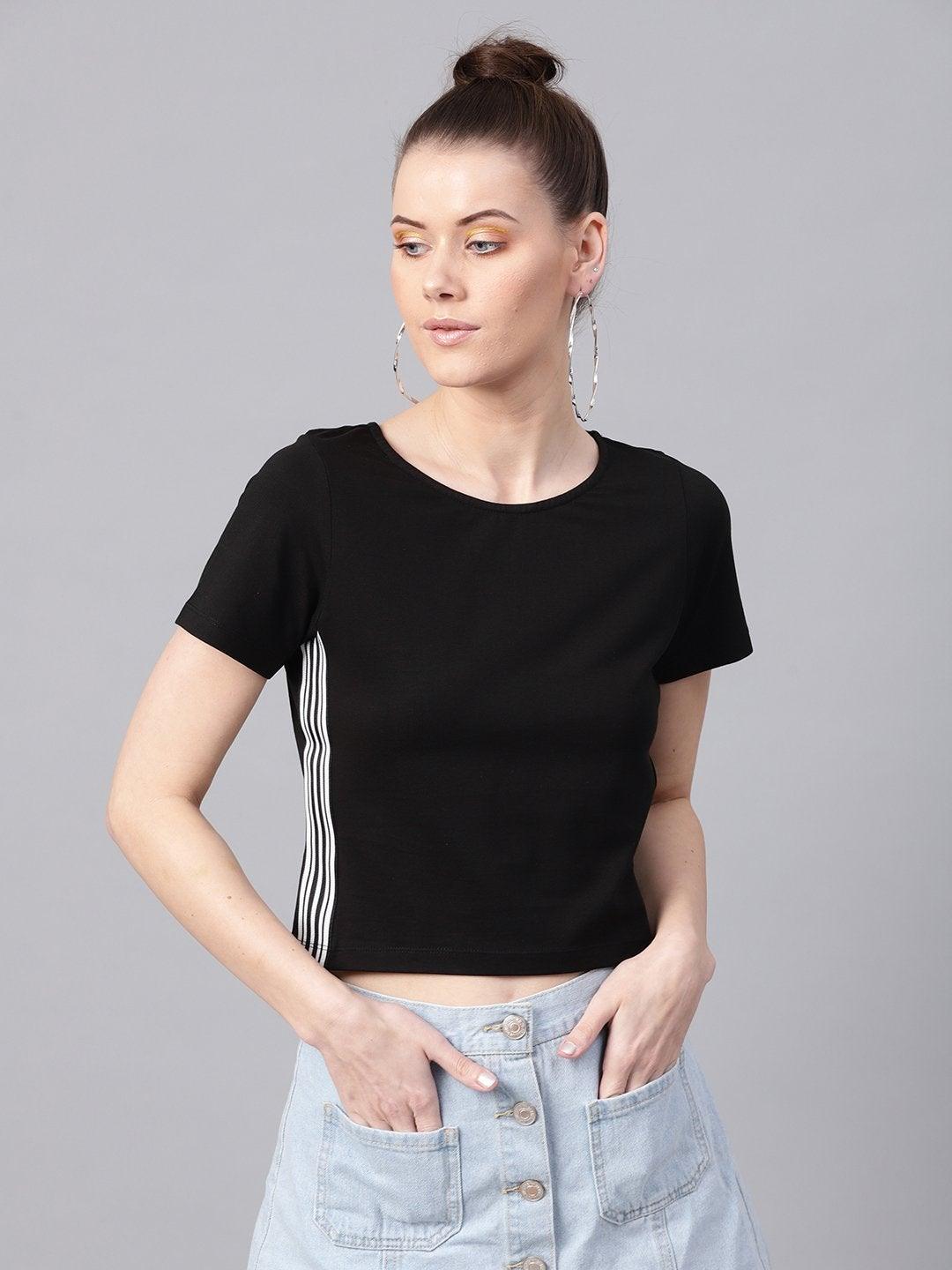 Women's Black Athleisure Tape Crop Top - SASSAFRAS - Indiakreations