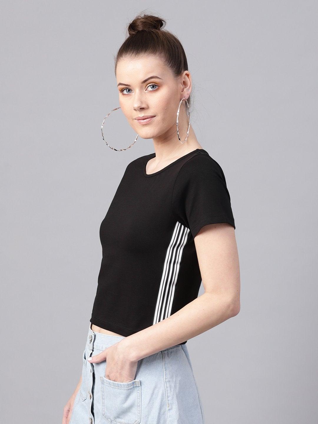 Women's Black Athleisure Tape Crop Top - SASSAFRAS - Indiakreations