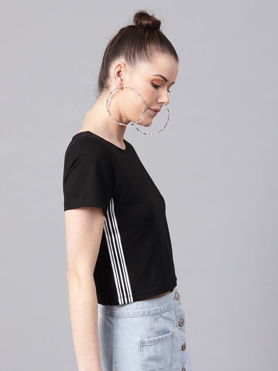 Women's Black Athleisure Tape Crop Top - SASSAFRAS - Indiakreations