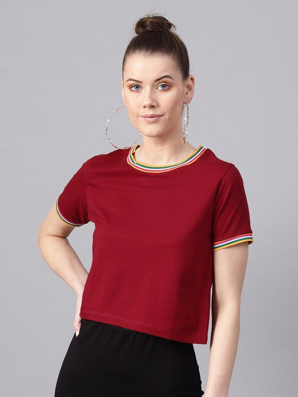 Women's Maroon Athleisure Rib Crop Top - SASSAFRAS - Indiakreations