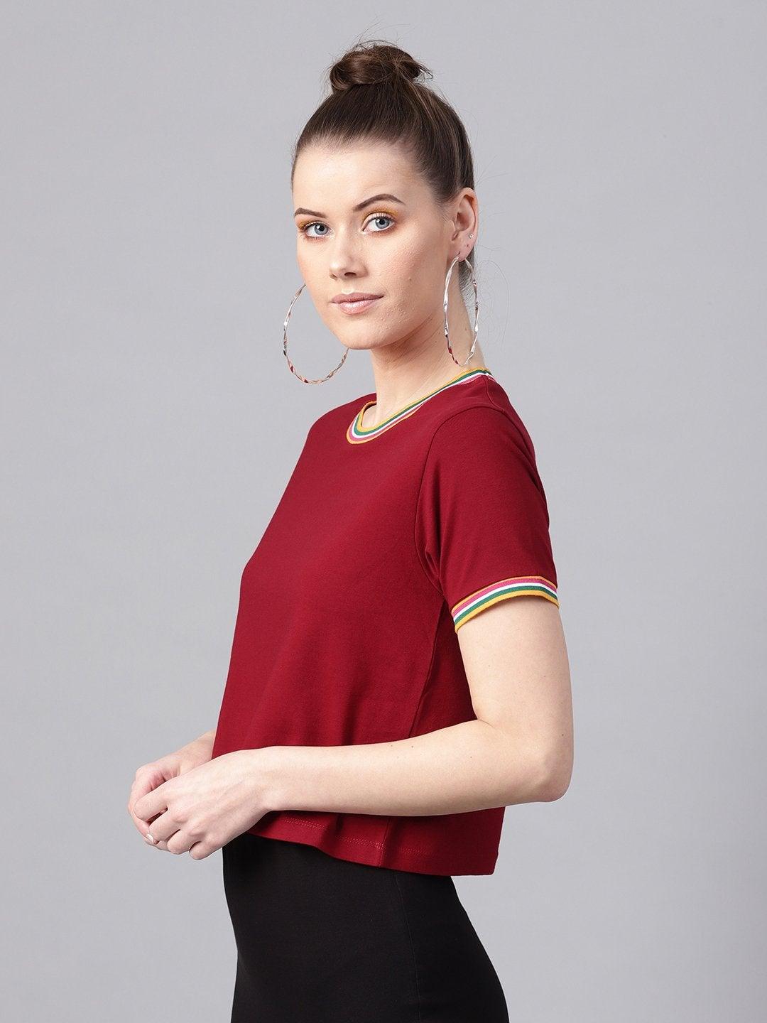 Women's Maroon Athleisure Rib Crop Top - SASSAFRAS - Indiakreations