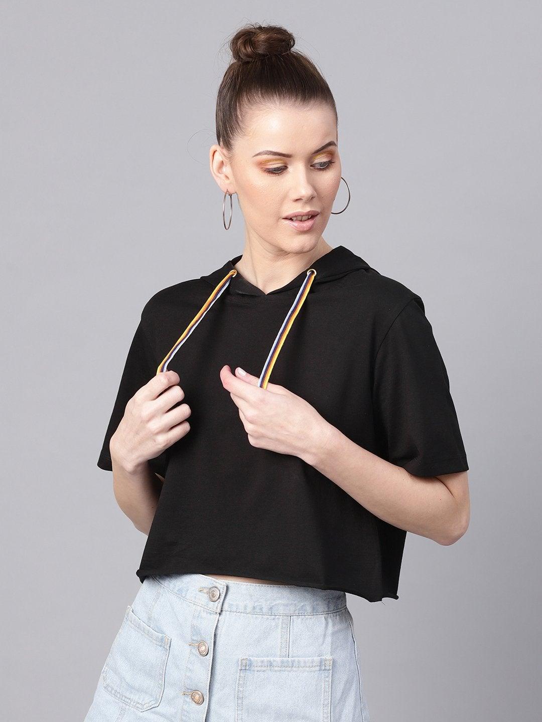 Women's Black Hoddie Boxy Athleisure Crop Top - SASSAFRAS - Indiakreations