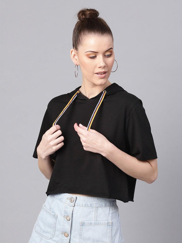 Women's Black Hoddie Boxy Athleisure Crop Top - SASSAFRAS - Indiakreations