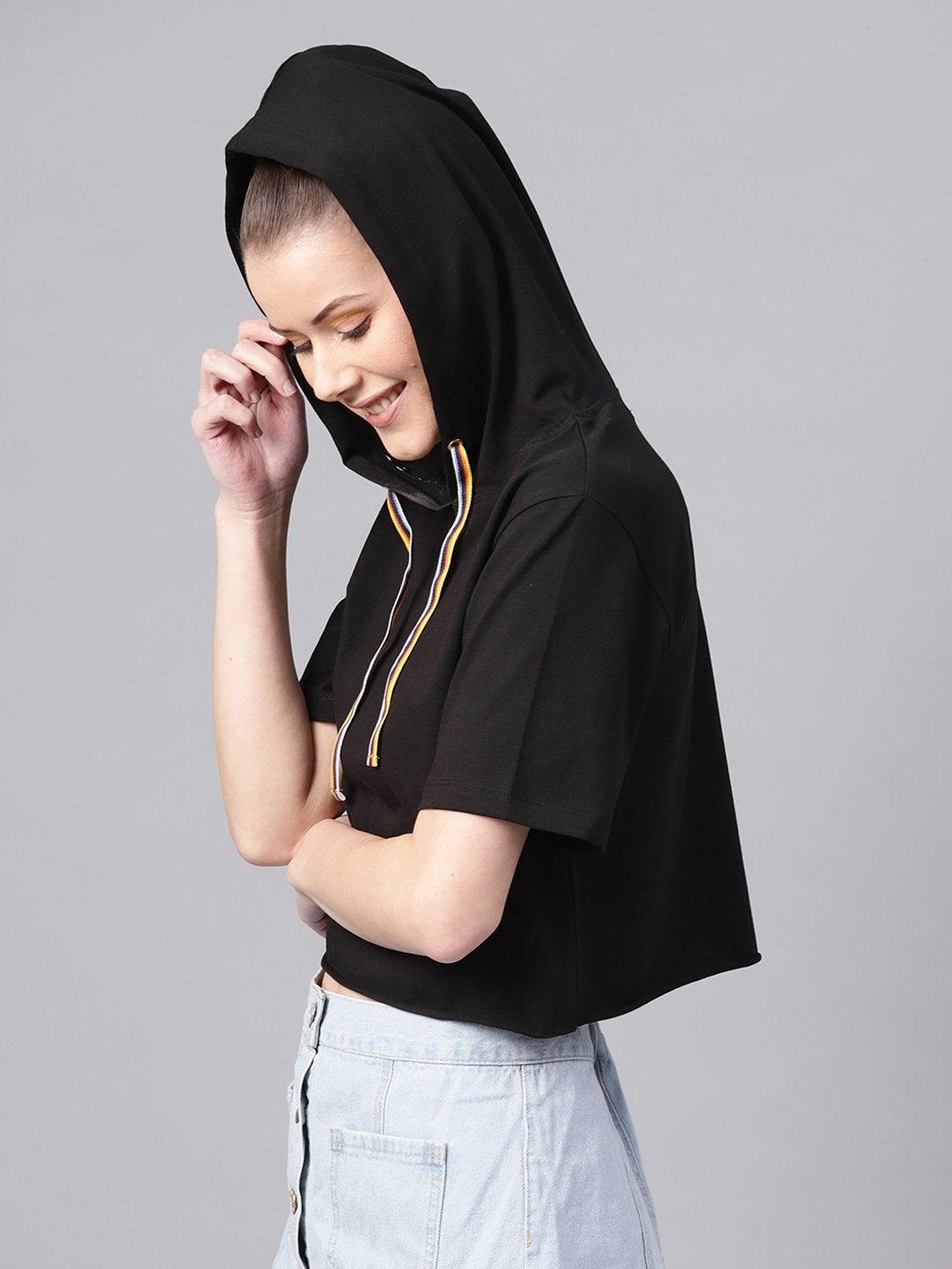 Women's Black Hoddie Boxy Athleisure Crop Top - SASSAFRAS - Indiakreations