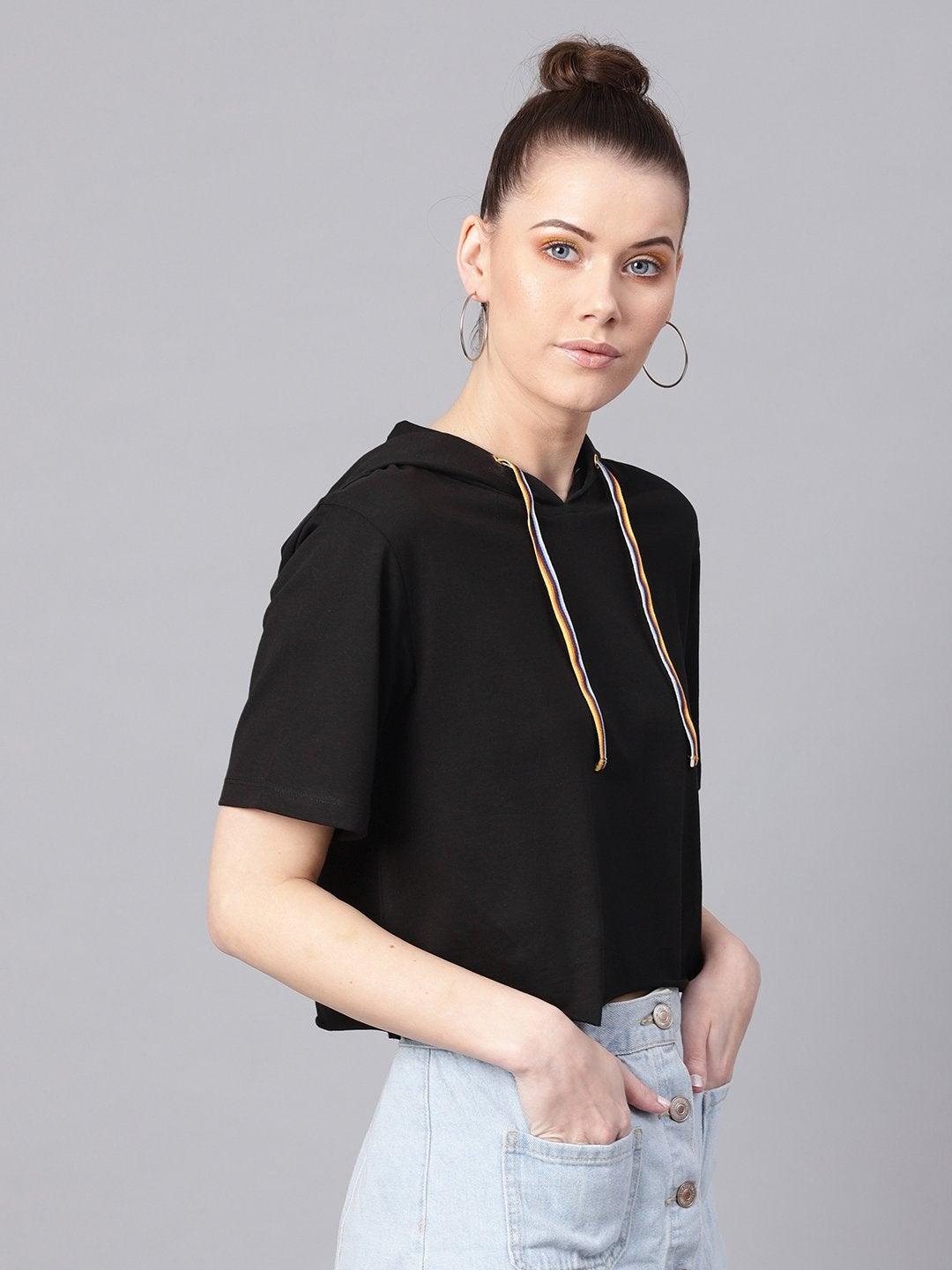 Women's Black Hoddie Boxy Athleisure Crop Top - SASSAFRAS - Indiakreations