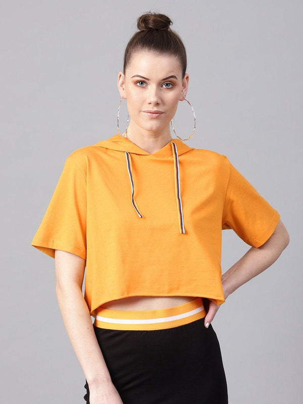 Women's Mustard Hoddie Boxy Athleisure Crop Top - SASSAFRAS - Indiakreations