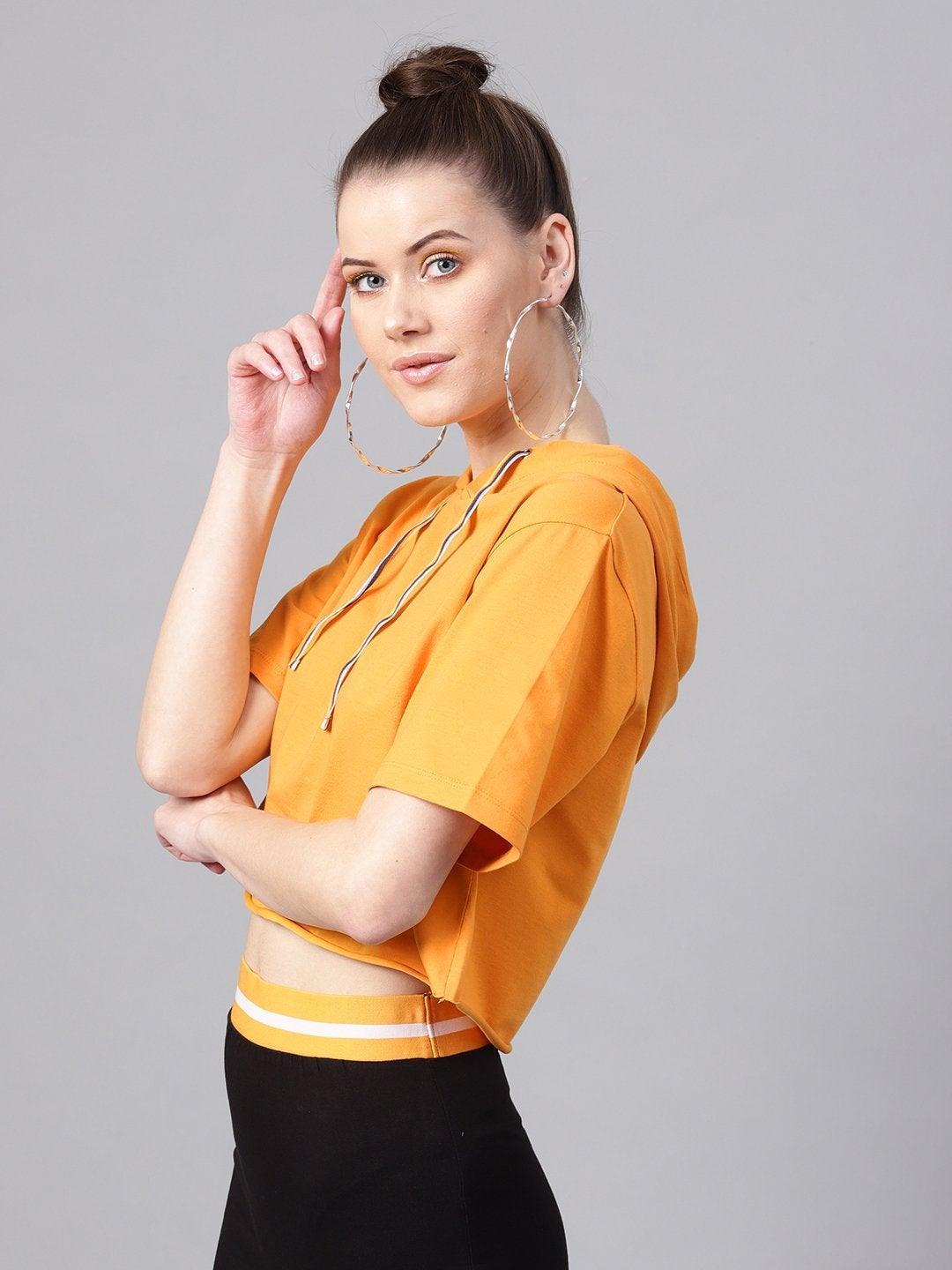 Women's Mustard Hoddie Boxy Athleisure Crop Top - SASSAFRAS - Indiakreations