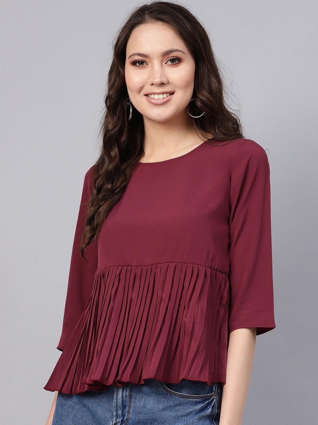 Women's Burgundy Pleated Peplum Top - SASSAFRAS - Indiakreations