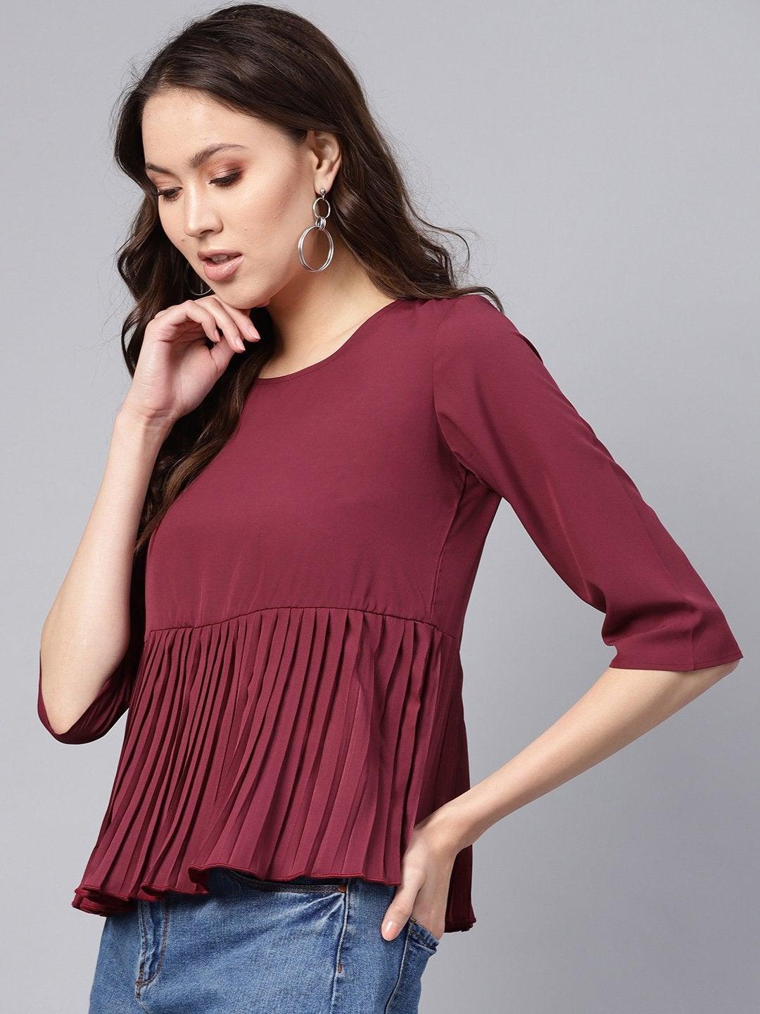 Women's Burgundy Pleated Peplum Top - SASSAFRAS - Indiakreations