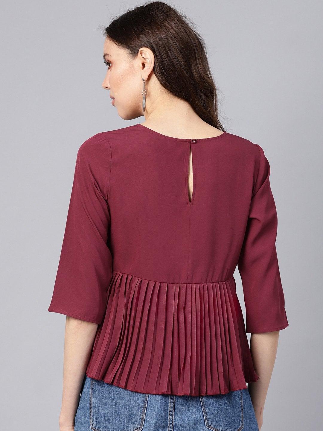 Women's Burgundy Pleated Peplum Top - SASSAFRAS - Indiakreations