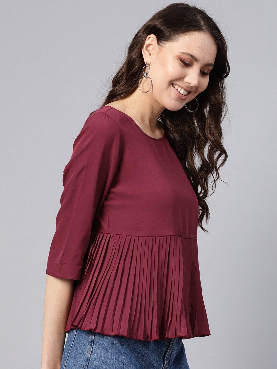 Women's Burgundy Pleated Peplum Top - SASSAFRAS - Indiakreations