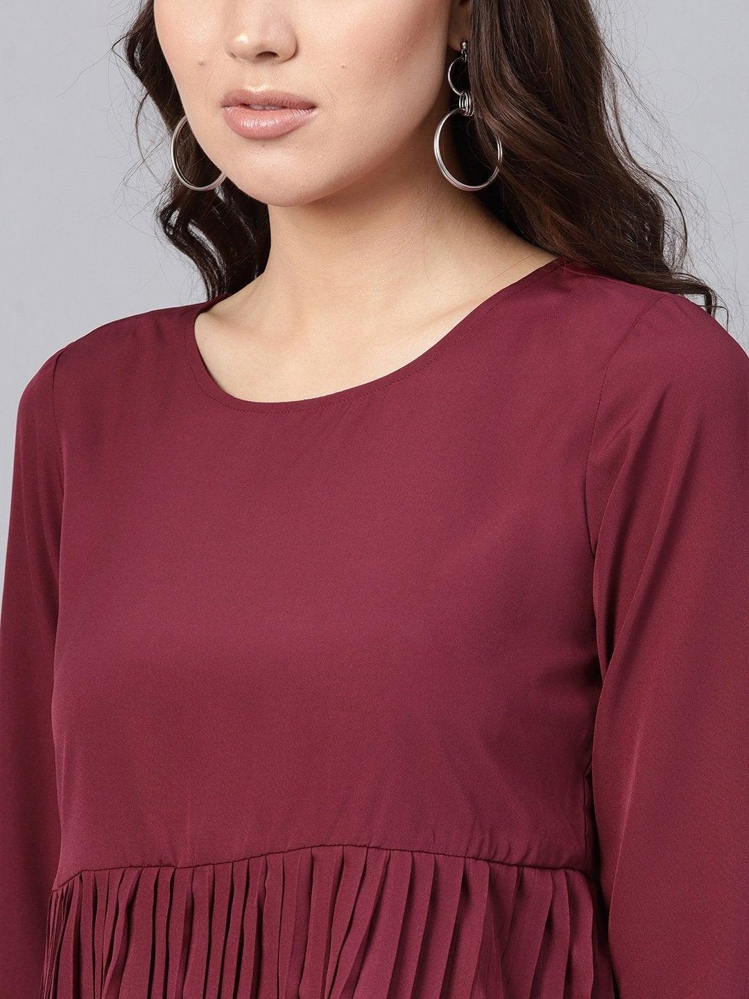 Women's Burgundy Pleated Peplum Top - SASSAFRAS - Indiakreations