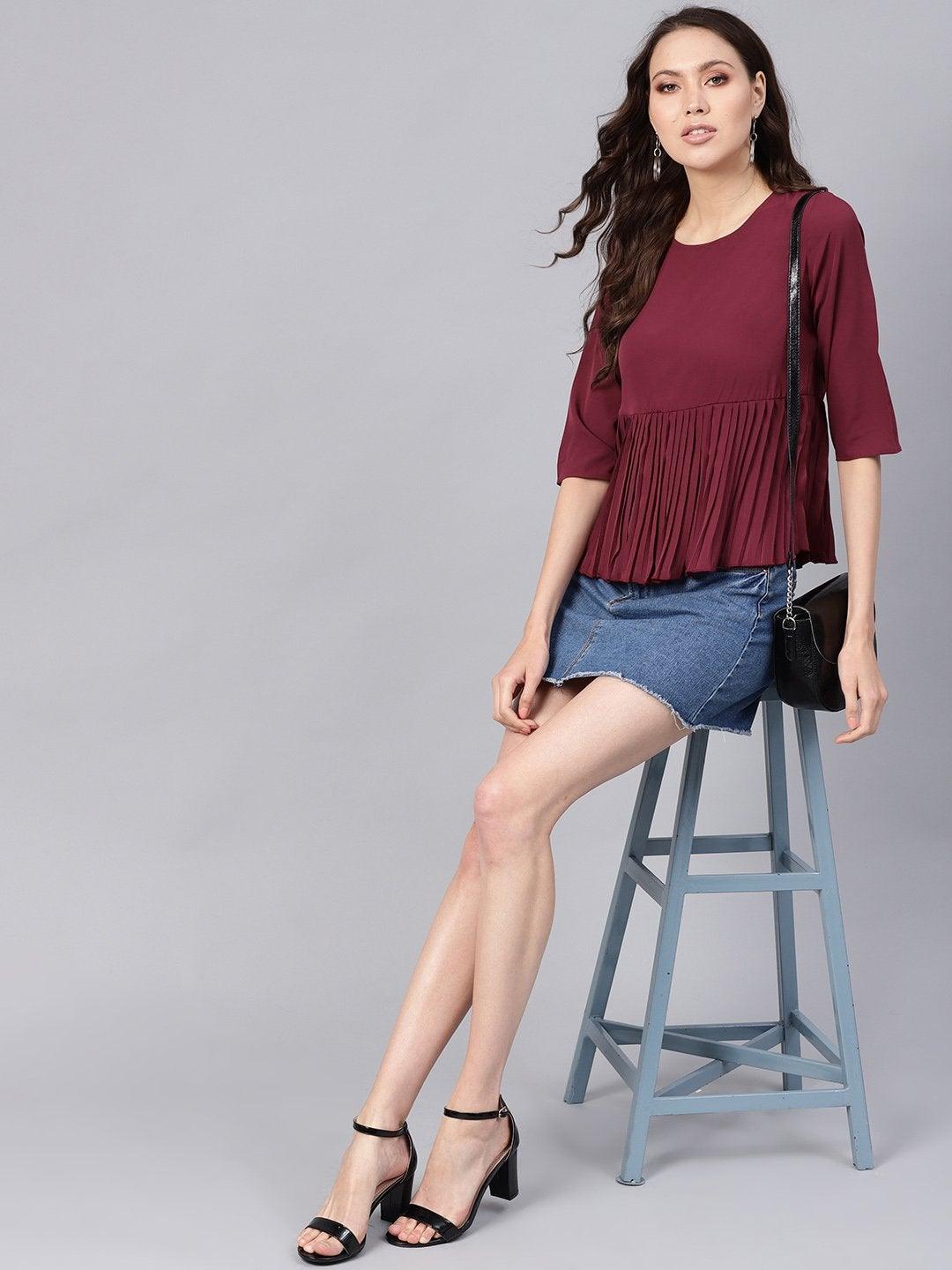 Women's Burgundy Pleated Peplum Top - SASSAFRAS - Indiakreations