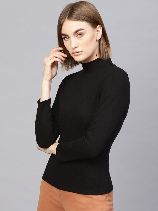 Women's Black High Neck Rib Top - SASSAFRAS