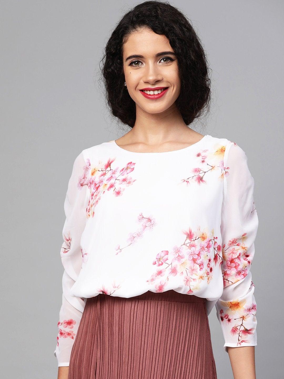 Women's Off-White Floral Rouched Sleeves Crop Top - SASSAFRAS - Indiakreations