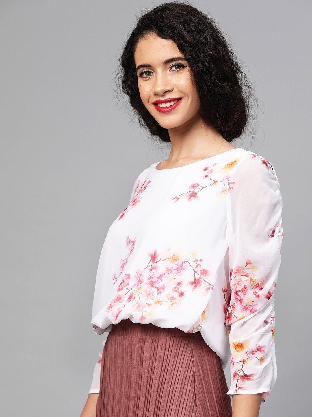 Women's Off-White Floral Rouched Sleeves Crop Top - SASSAFRAS - Indiakreations