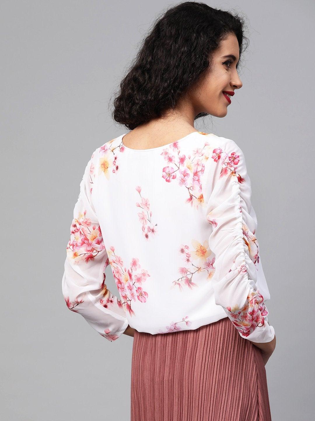 Women's Off-White Floral Rouched Sleeves Crop Top - SASSAFRAS - Indiakreations