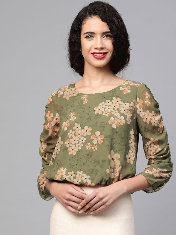 Women's Moss Green Floral Rouched Sleeves Crop Top - SASSAFRAS