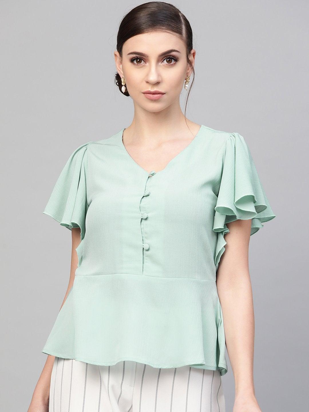 Women's Sea Green Front Button Peplum Top - SASSAFRAS - Indiakreations