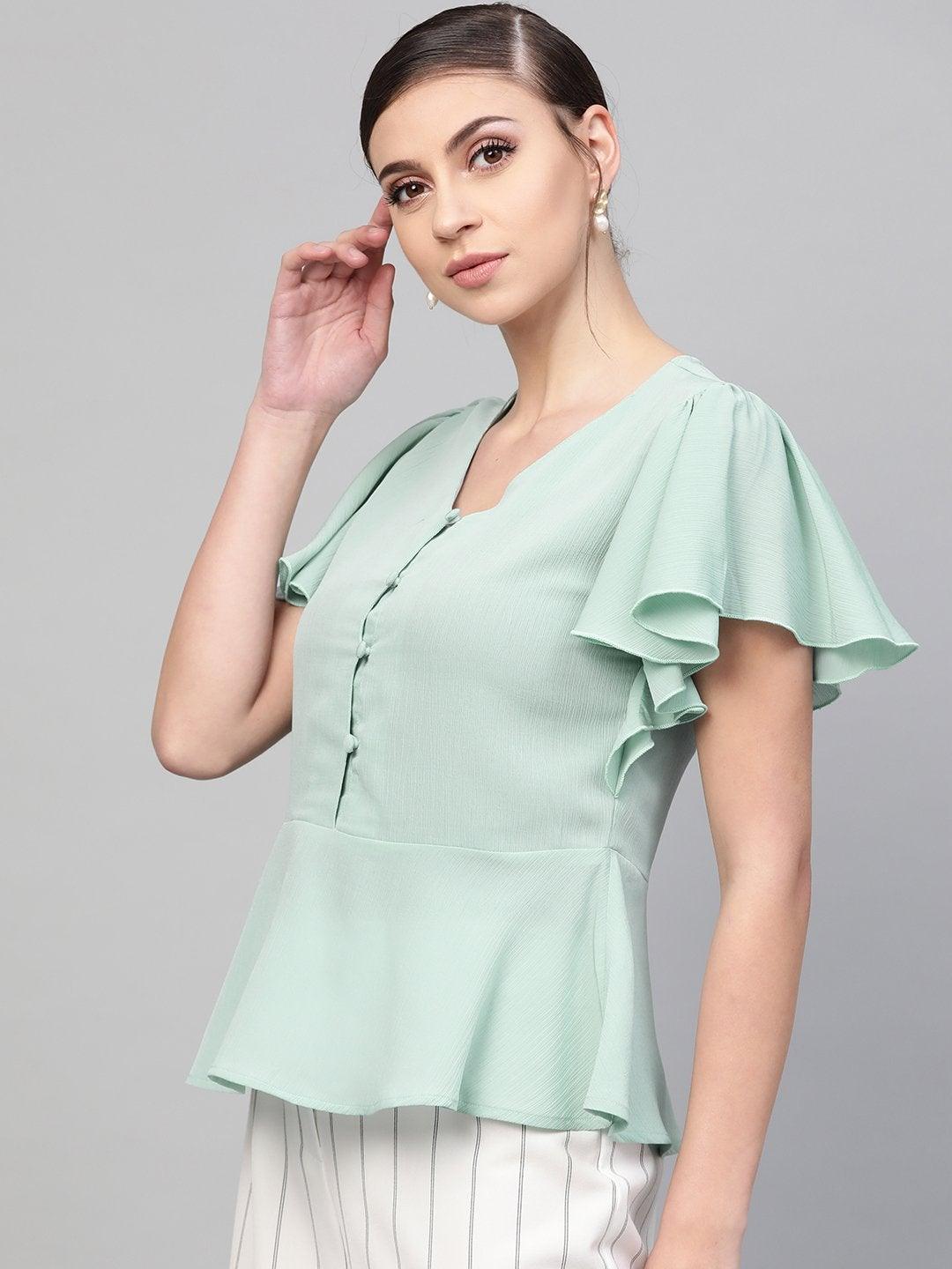 Women's Sea Green Front Button Peplum Top - SASSAFRAS - Indiakreations