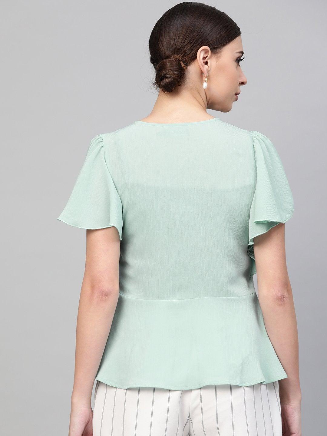 Women's Sea Green Front Button Peplum Top - SASSAFRAS - Indiakreations