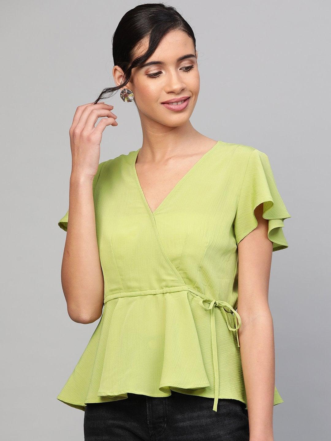 Women's Mint Green Wrap Peplum Top - SASSAFRAS - Indiakreations