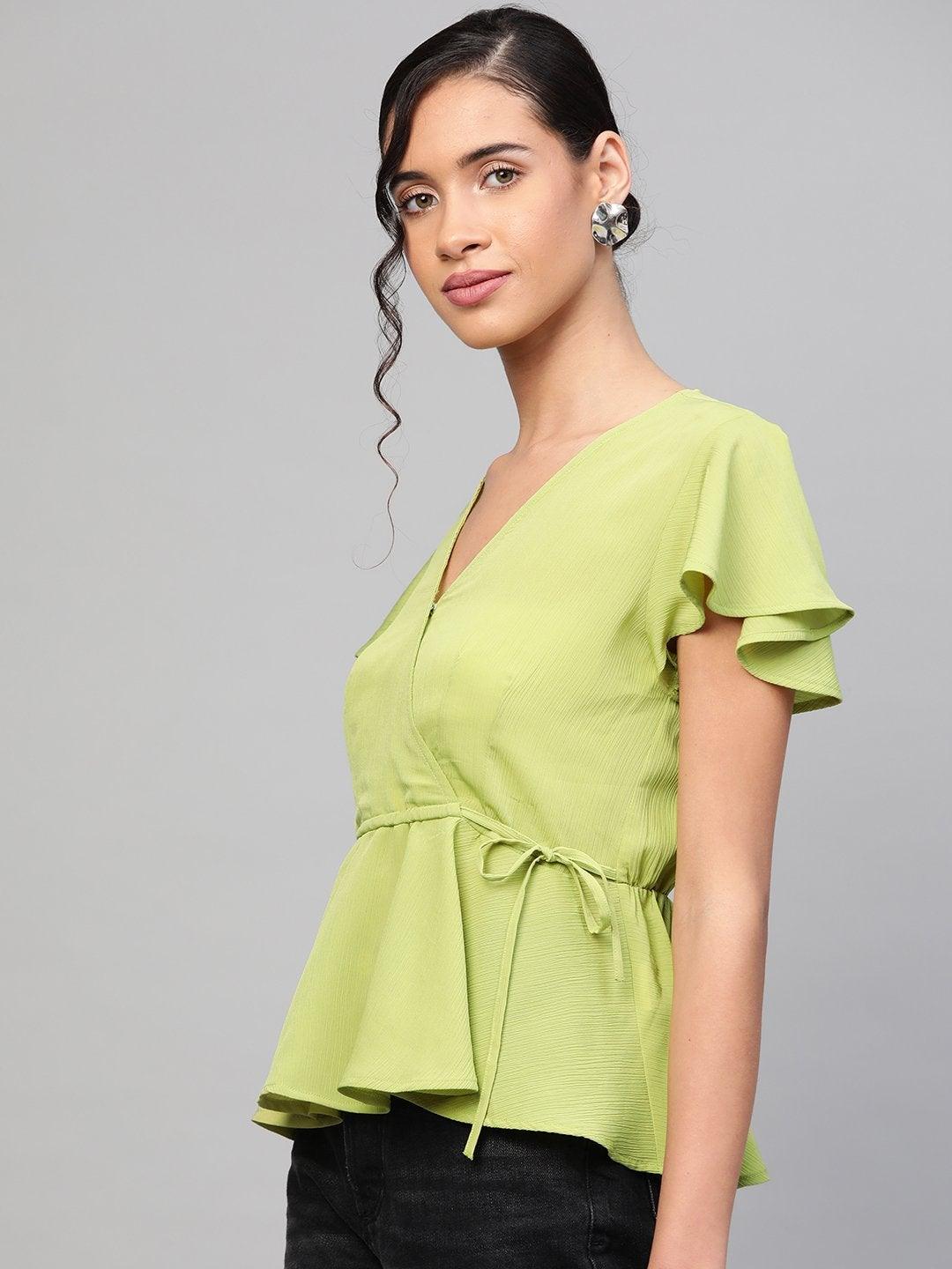 Women's Mint Green Wrap Peplum Top - SASSAFRAS - Indiakreations