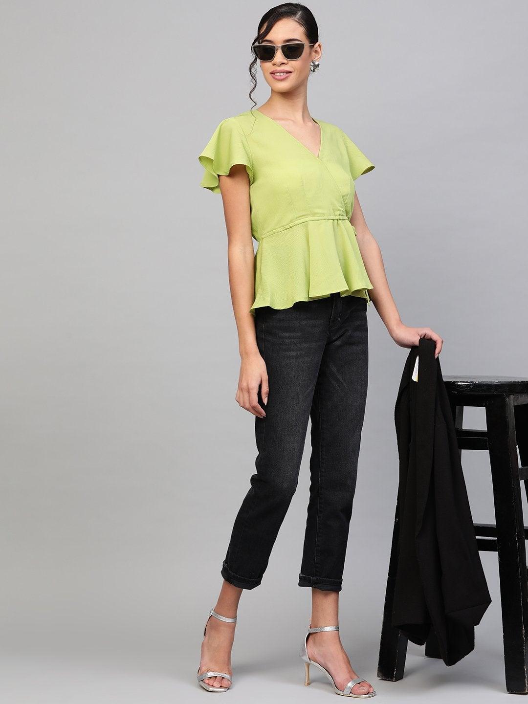 Women's Mint Green Wrap Peplum Top - SASSAFRAS - Indiakreations