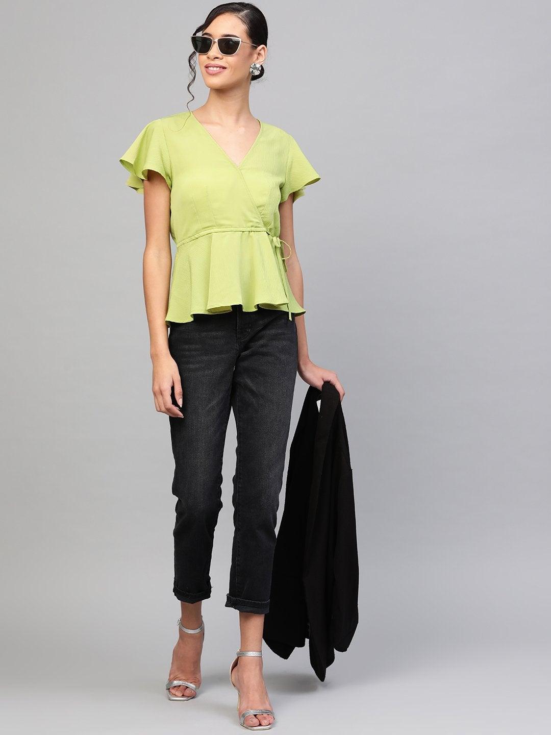 Women's Mint Green Wrap Peplum Top - SASSAFRAS - Indiakreations