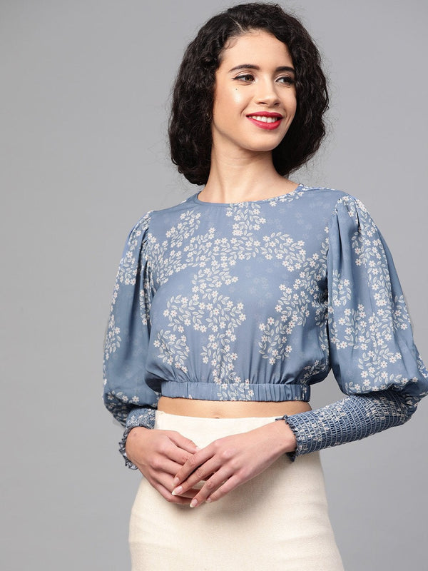 Women's Dark Blue Floral Smocking Sleeve Crop Top - SASSAFRAS